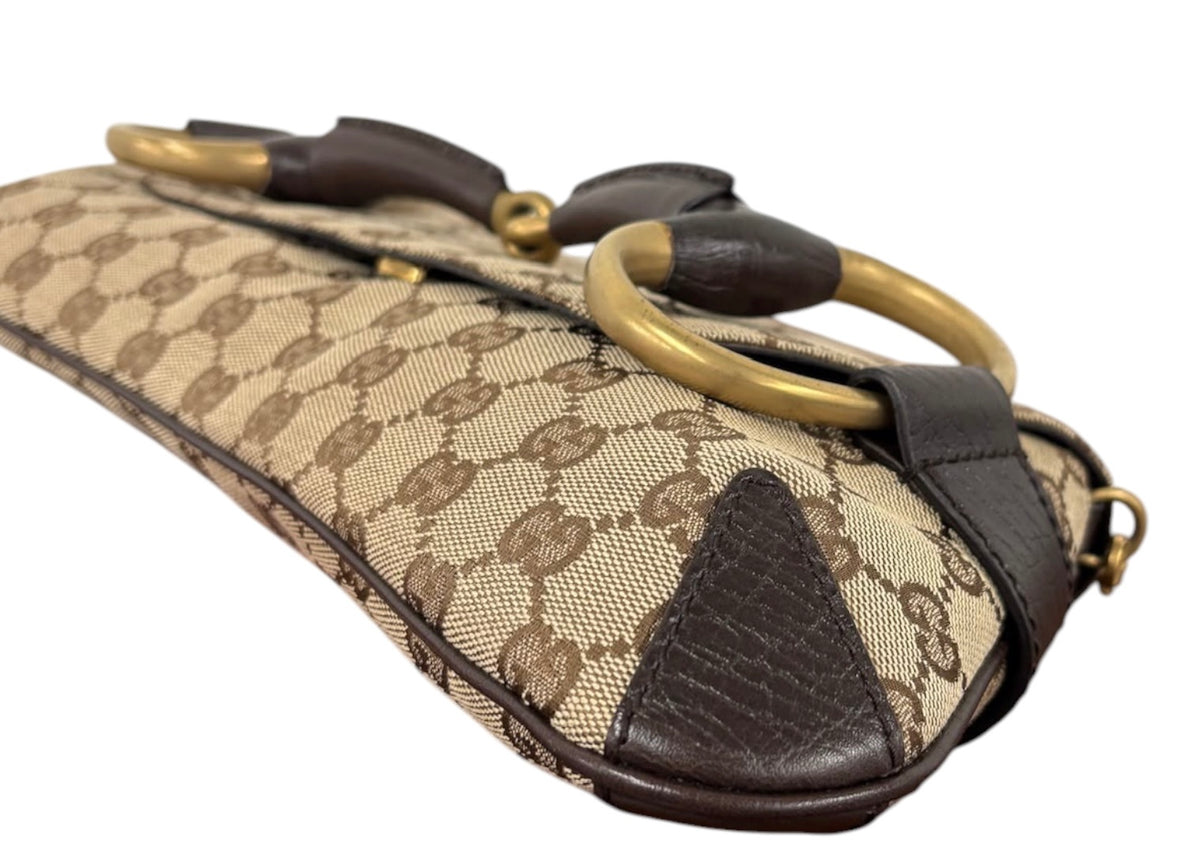 Gucci Vintage Brown GG Monogram Large Horsebit Shoulder Clutch Bag
