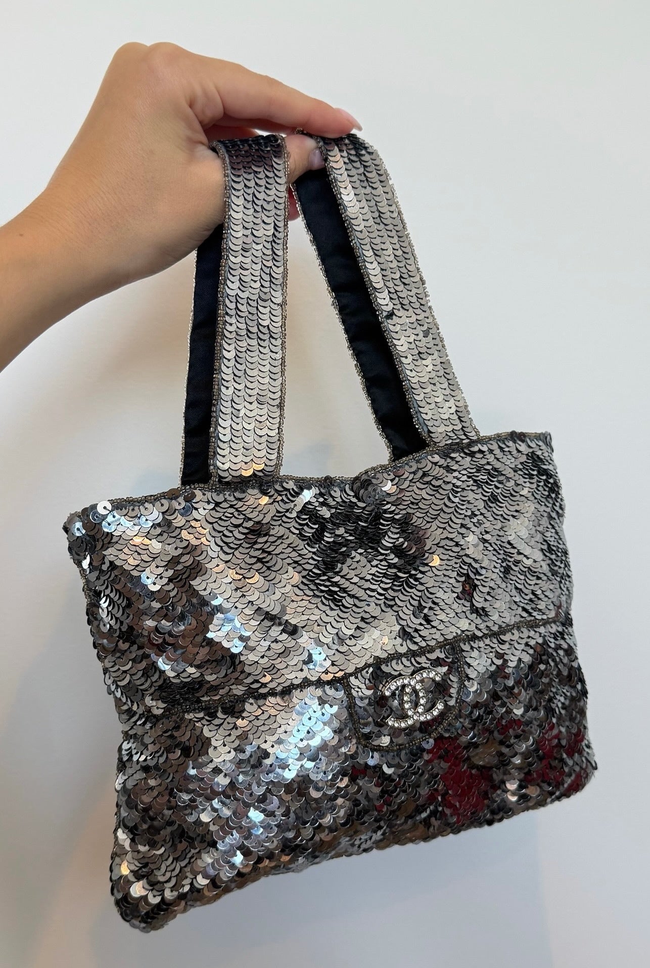 Chanel Vintage 90s Silver Sequin Beaded Crystal CC Mini Trompe L’oeil Evening Bag