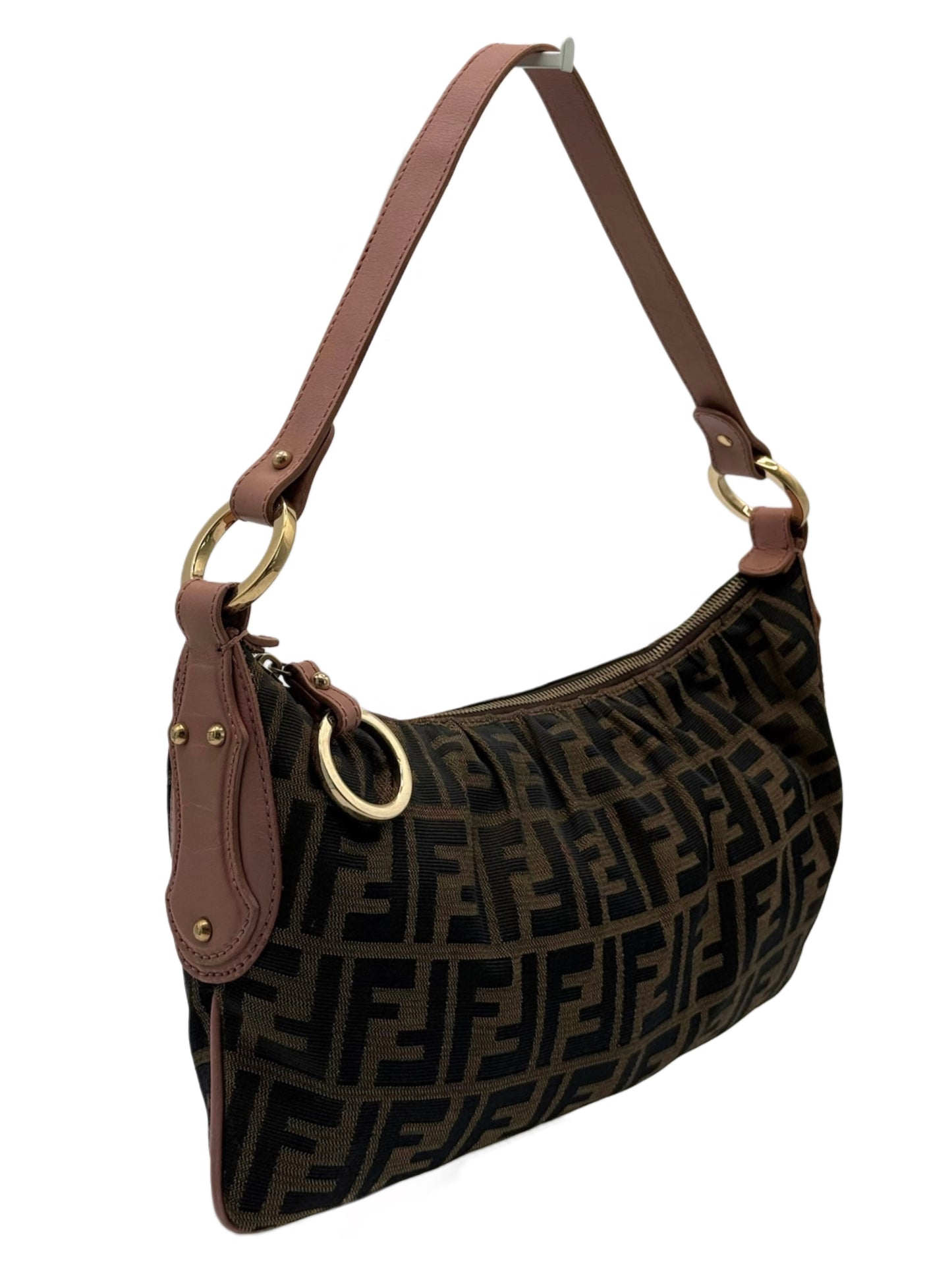 Fendi Vintage Brown Zucca Monogram O Ring Large Pochette Shoulder Bag w Mauve Pink Leather Trim