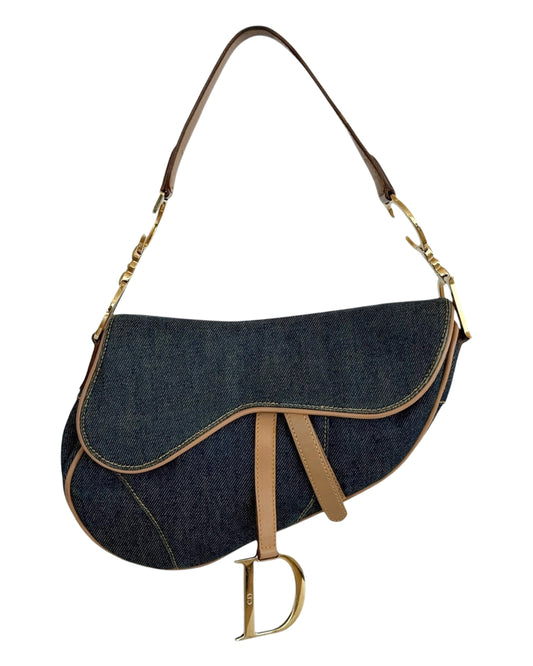 Dior Vintage Dark Blue Denim Beige Leather Trim Medium Saddle Bag