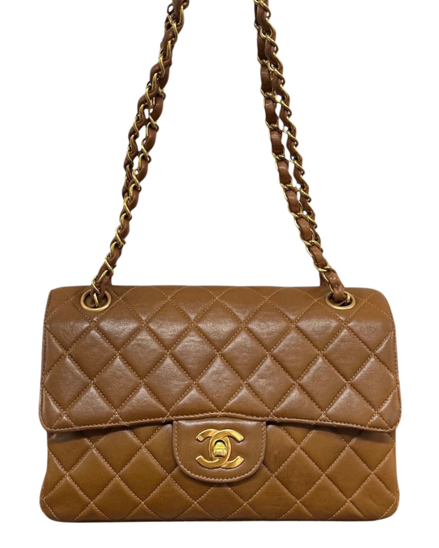Chanel Vintage 90s Light Brown Quilted Lambskin Small Two-Faced Double Sided Classic Flap Bag with 24K Gold Plated Hardware 
