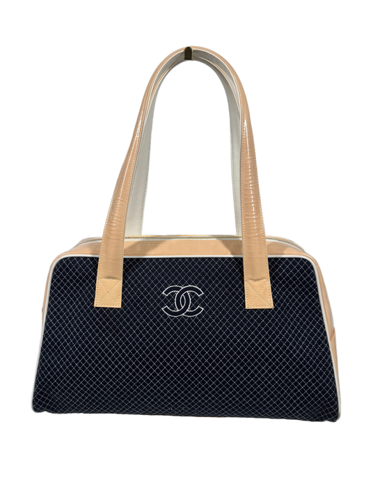 Chanel Vintage 00s Navy Blue Quilted Jersey & Baby Pink Patent Leather CC Shoulder Bowler Bag