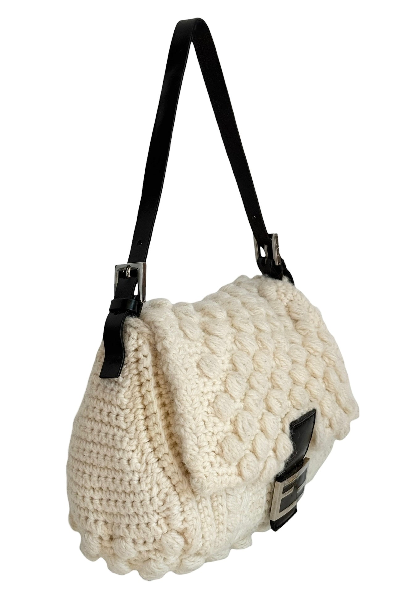 Fendi Vintage Ivory Crochet Knit Mamma Baguette Shoulder Bag