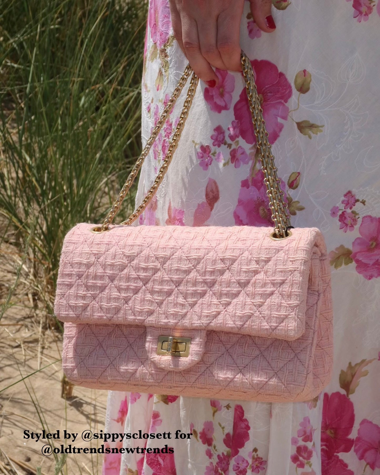 Chanel Light Pink Tweed 2.55 Reissue Medium Double Flap Bag with Aged Gold Hardware