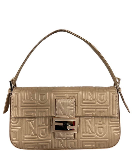 Fendi Metallic Gold Nappa Embossed Leather Shoulder Baguette Bag