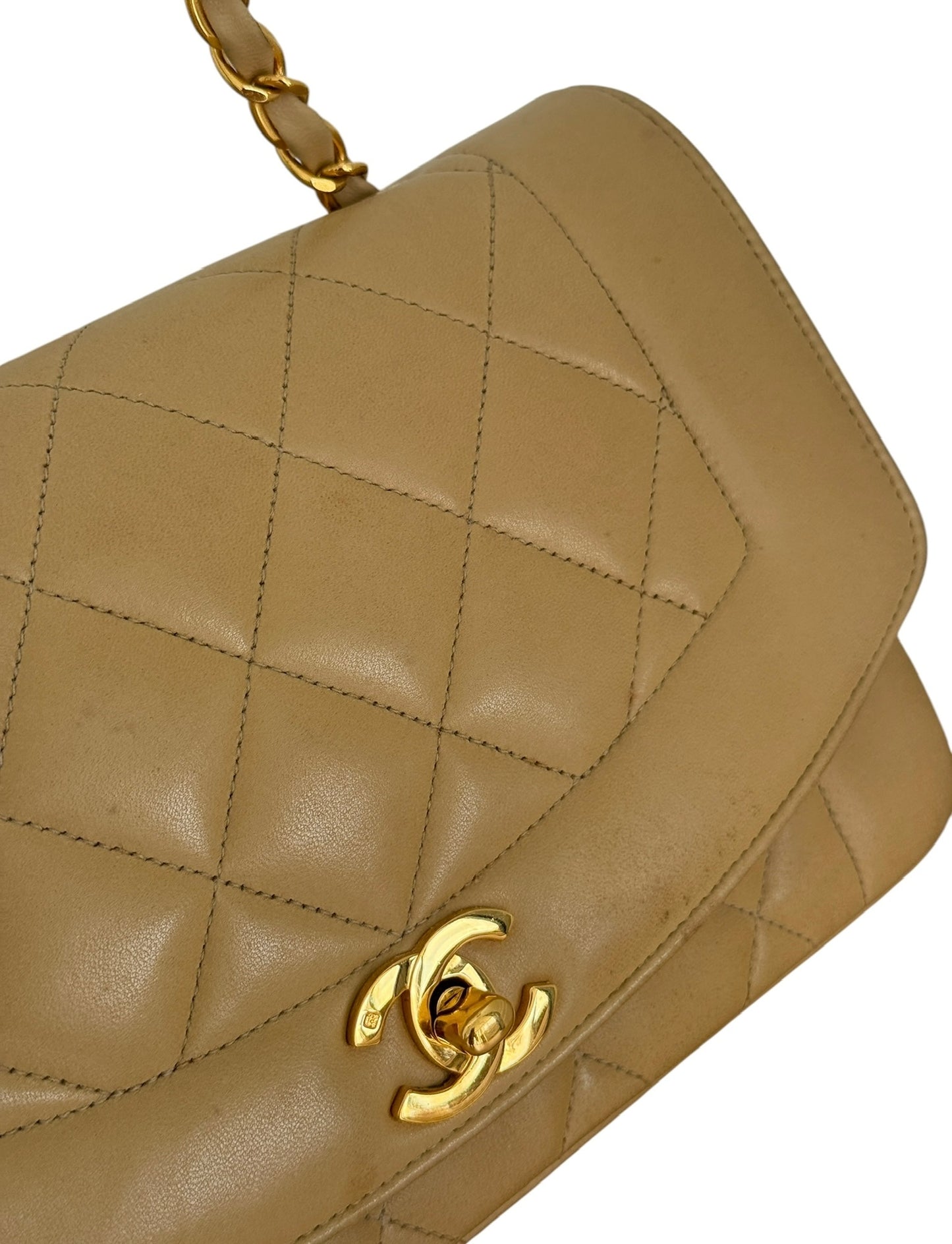 Chanel Vintage 90s Beige Quilted Lambskin Small Diana Classic Flap Bag with 24K GPHW