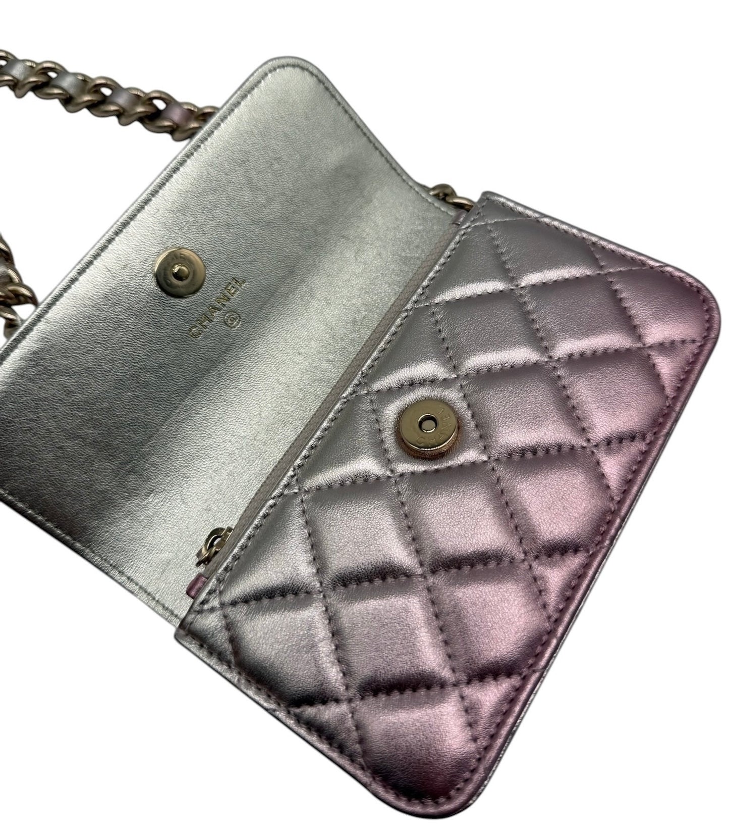 Chanel 2021 Metallic Pink & Silver Quilted Lambskin Coco Punk Clutch with Chain Mini Bag