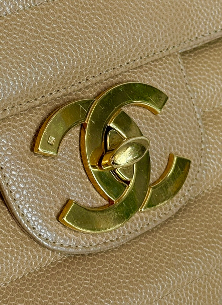 Chanel Vintage 1994-1996 Beige Horizontal Quilted Caviar Leather Jumbo Single Flap Bag with 24K GPHW