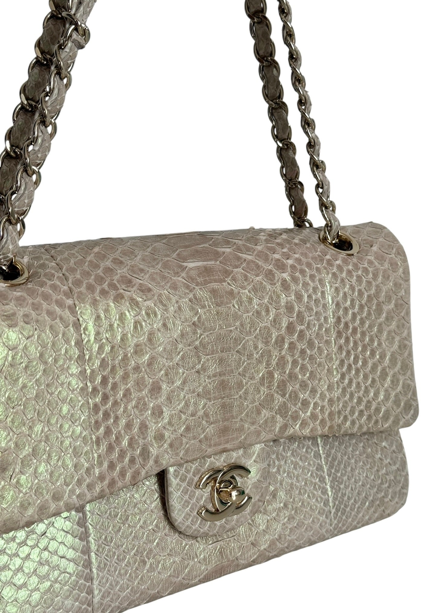Chanel Iridescent Beige & Pink Python Classic Medium Double Flap Bag with Champagne Gold Hardware 