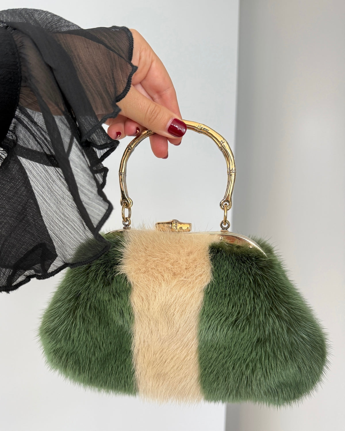 Gucci by Tom Ford Vintage Green & White Mink Fur Metal Bamboo Handle Top Handle Evening Bag
