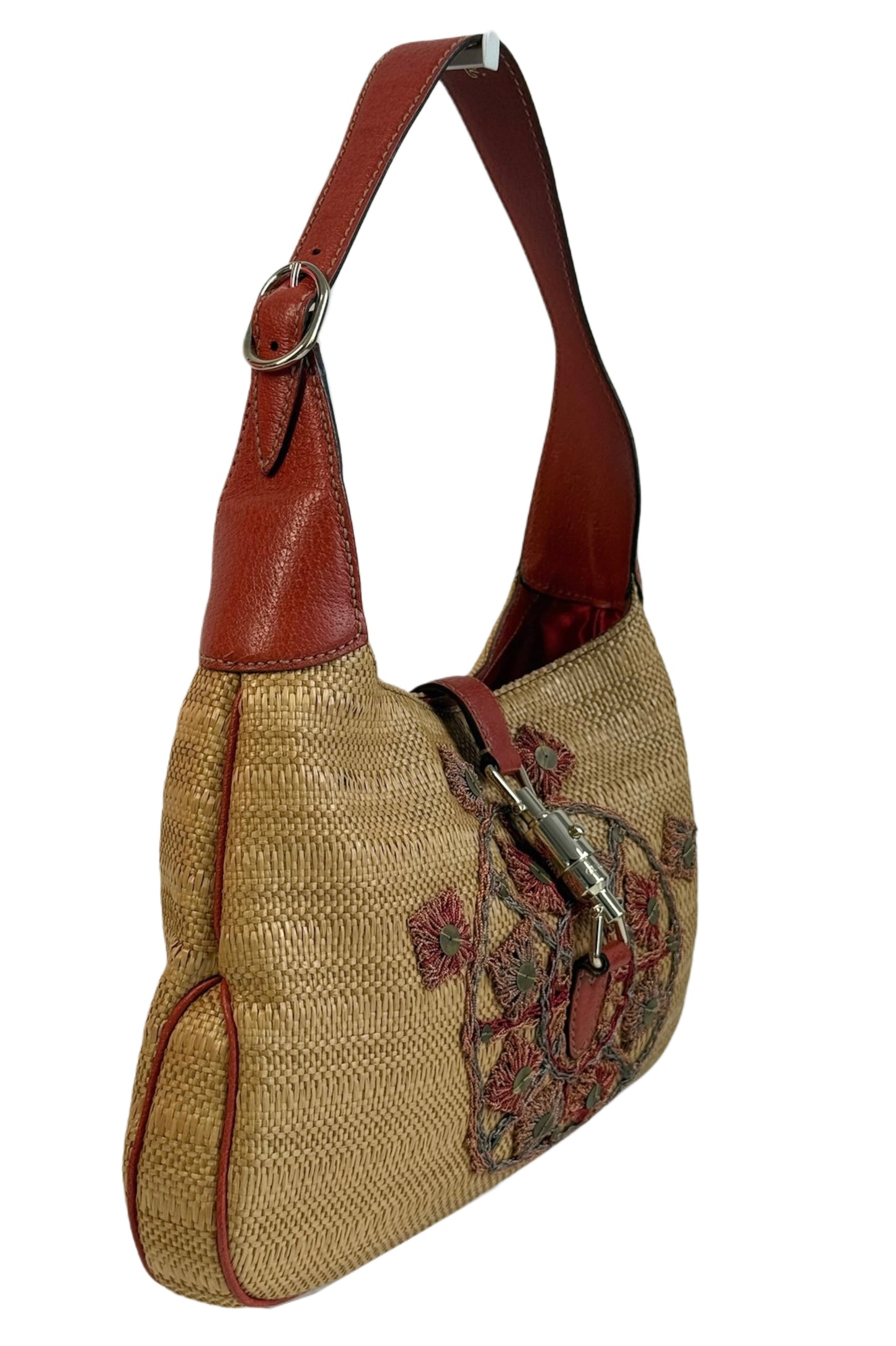 Gucci Brown Raffia & Red Leather Embellished Sequin Medium Jackie Hobo Shoulder Bag