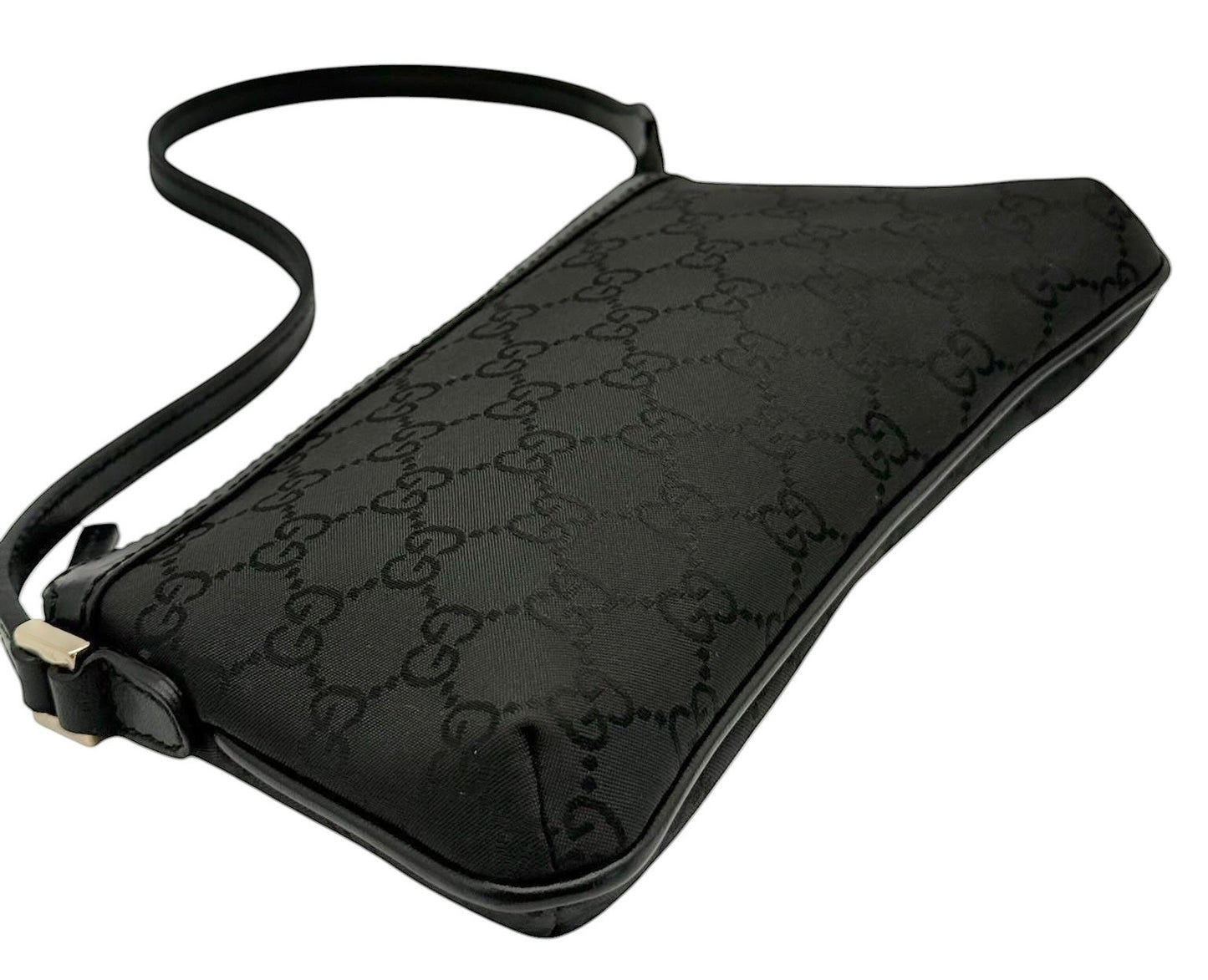 Gucci Vintage Black Satin GG Monogram Mini Shoulder Pochette Bag