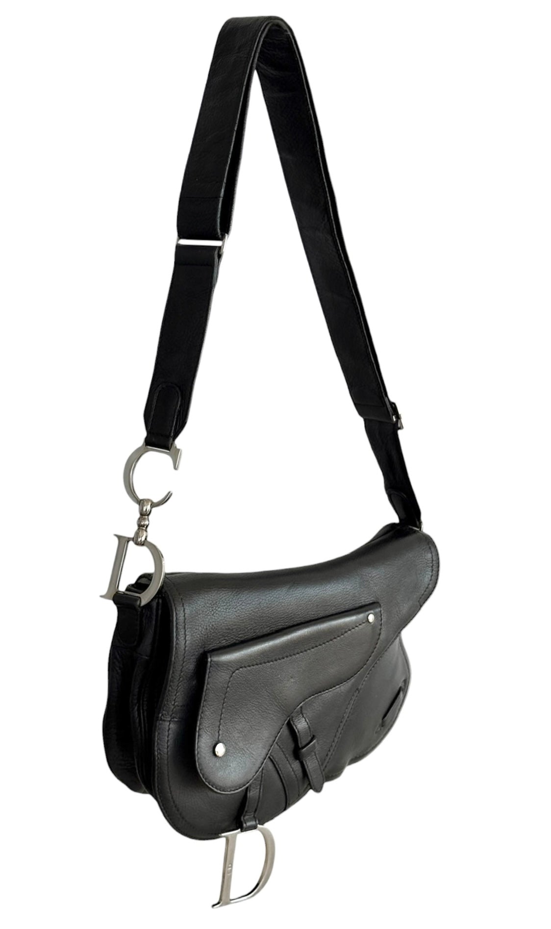 Dior Vintage 2002 Black Leather Messenger Adjustable Shoulder Crossbody Saddle Bag