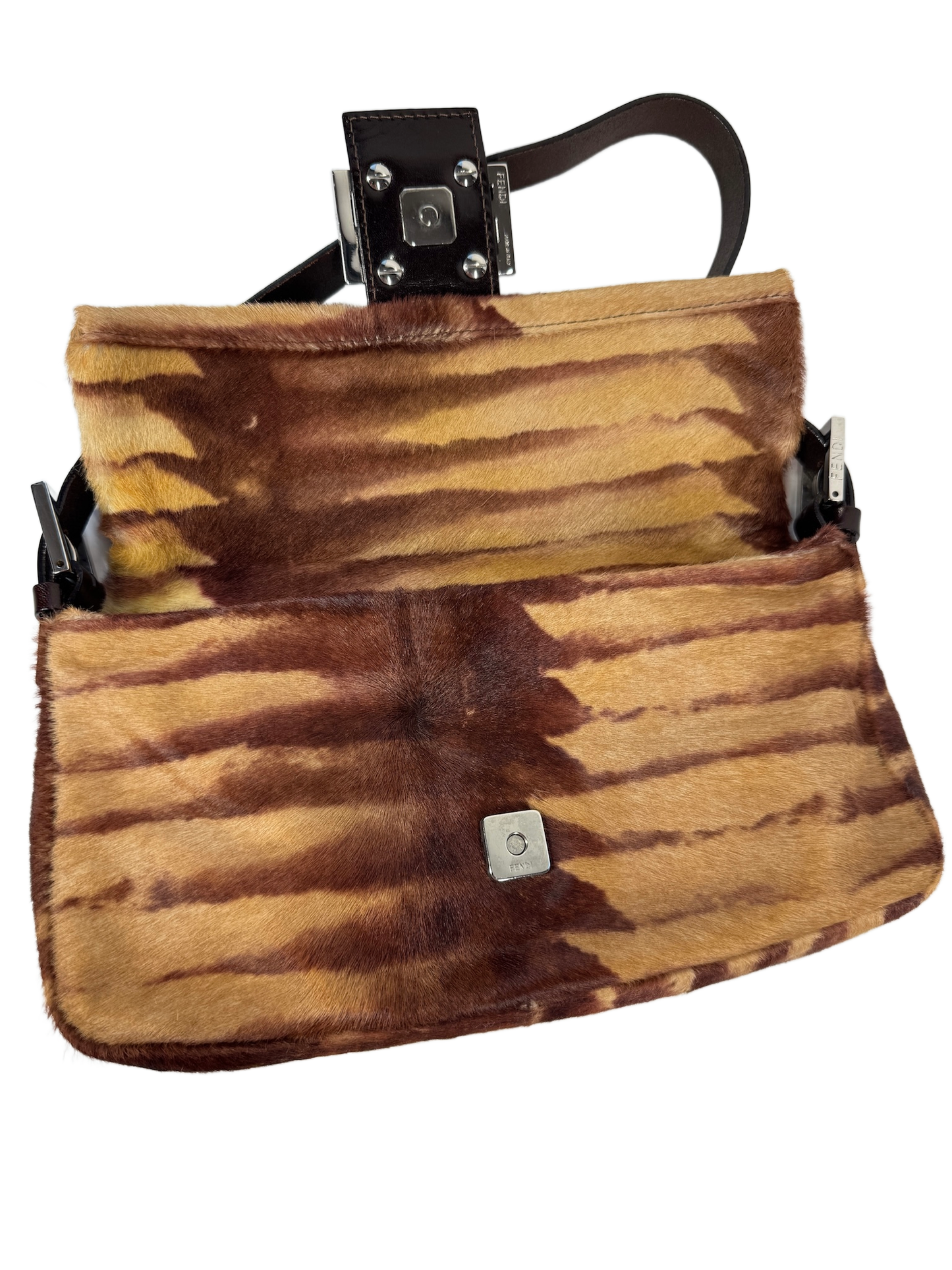 Fendi Vintage Brown Giraffe Print Pony Hair Shoulder Baguette Bag