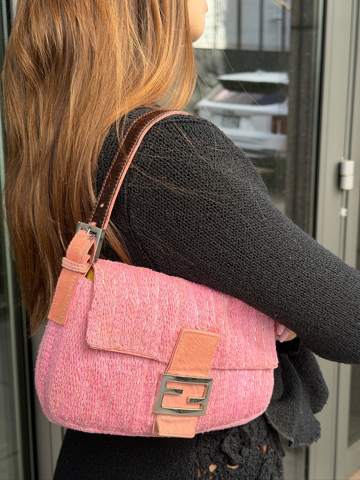 Fendi Vintage Pink Knit Silver Beaded Shoulder Baguette Bag w Cow Print Pony Hair Trim