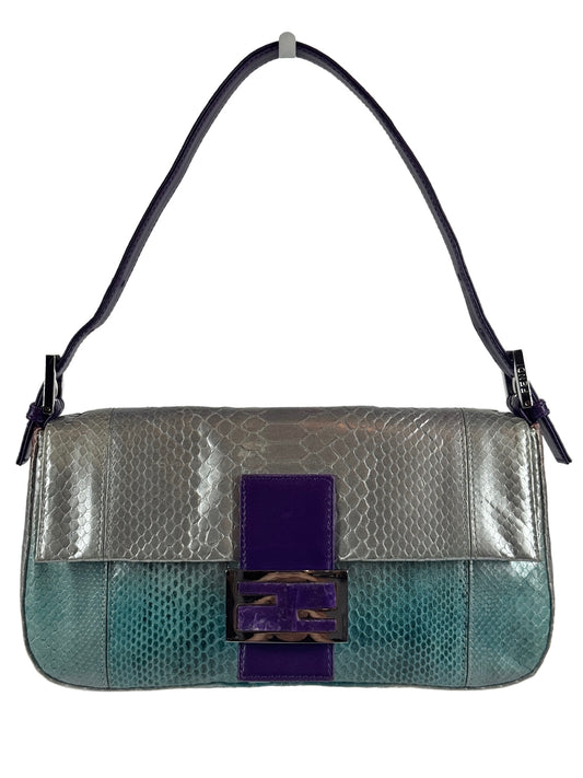 Fendi Vintage Silver Blue Purple Fuchsia Ombré Snakeskin Baguette Shoulder Bag 