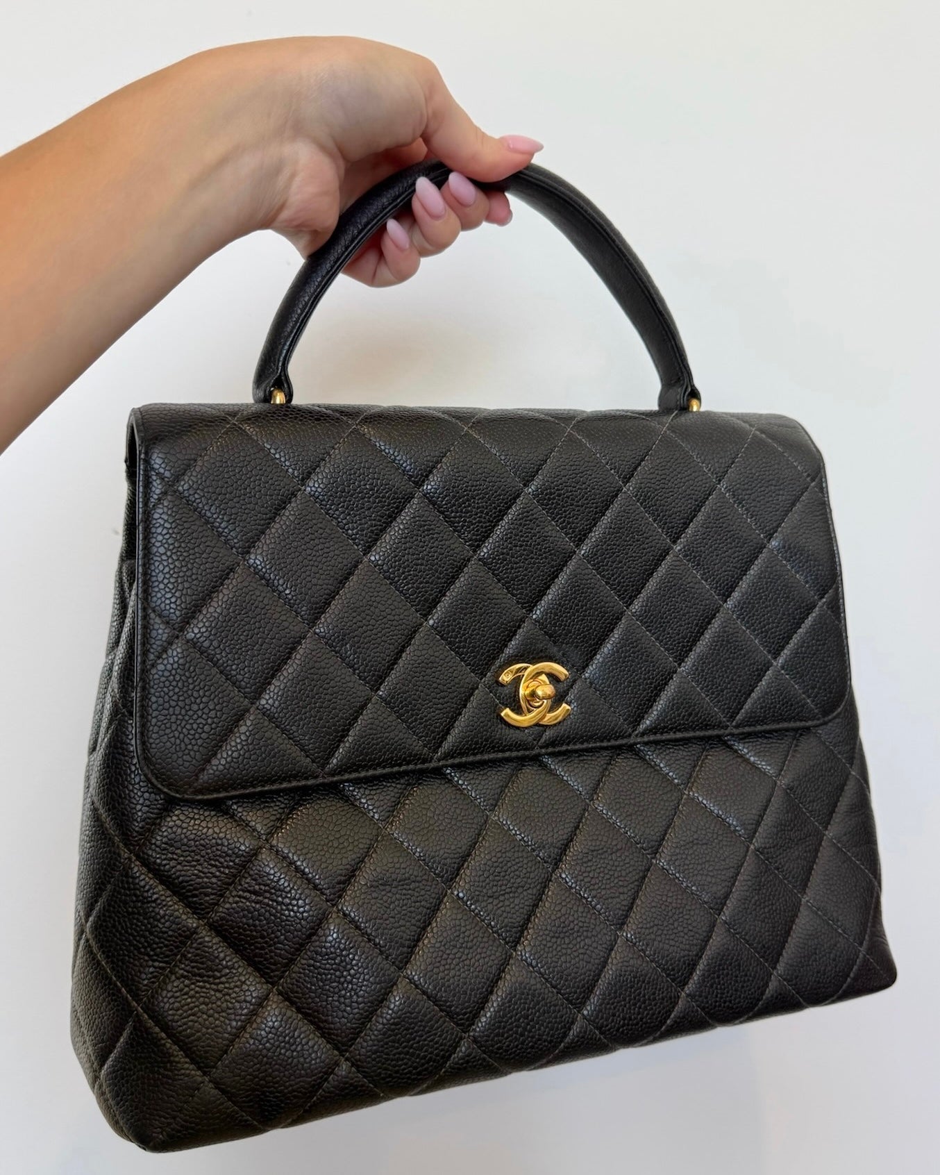 Chanel Vintage 90s Black Quilted Caviar Large Kelly Top Handle Flap Bag