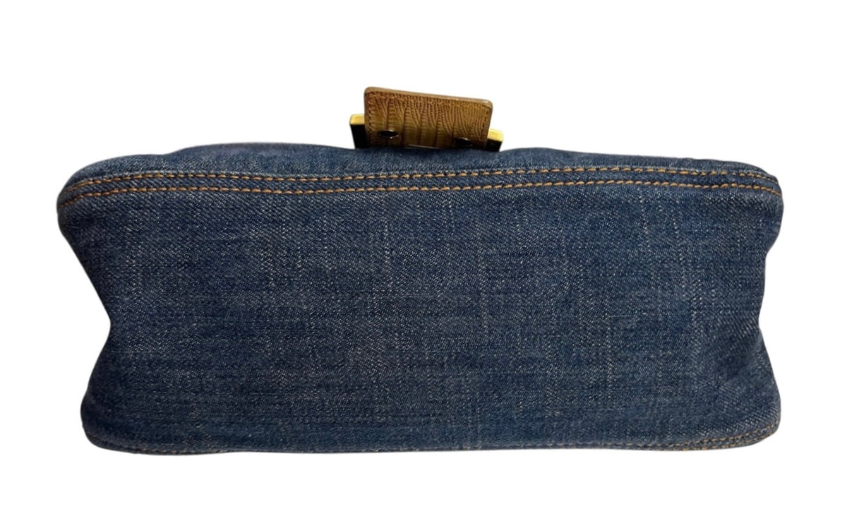 Fendi Vintage Blue Denim Beige Lizard Trim Mamma Shoulder Baguette Bag