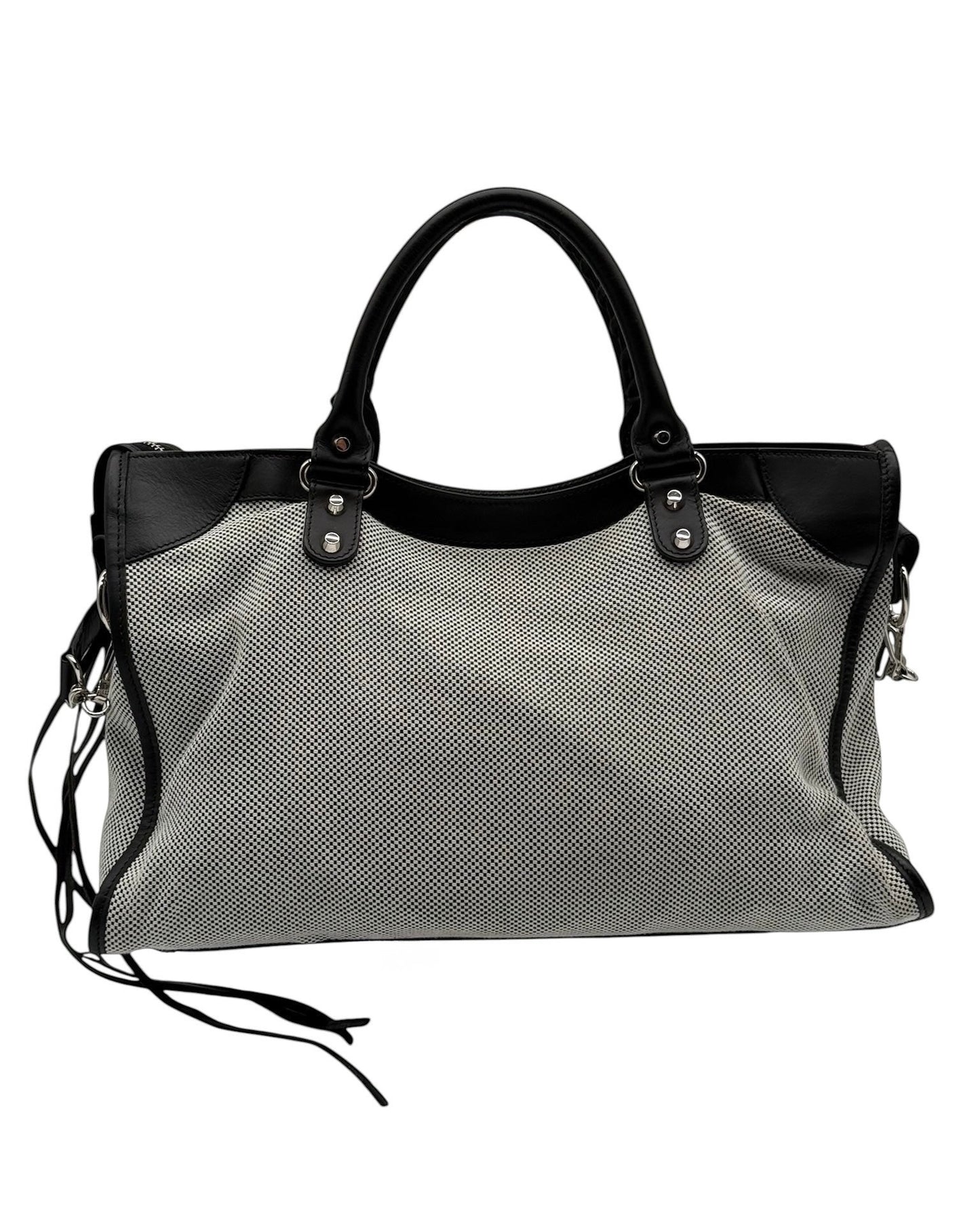 Balenciaga Black & White Canvas Leather Trim Motocross Classic Medium City Bag