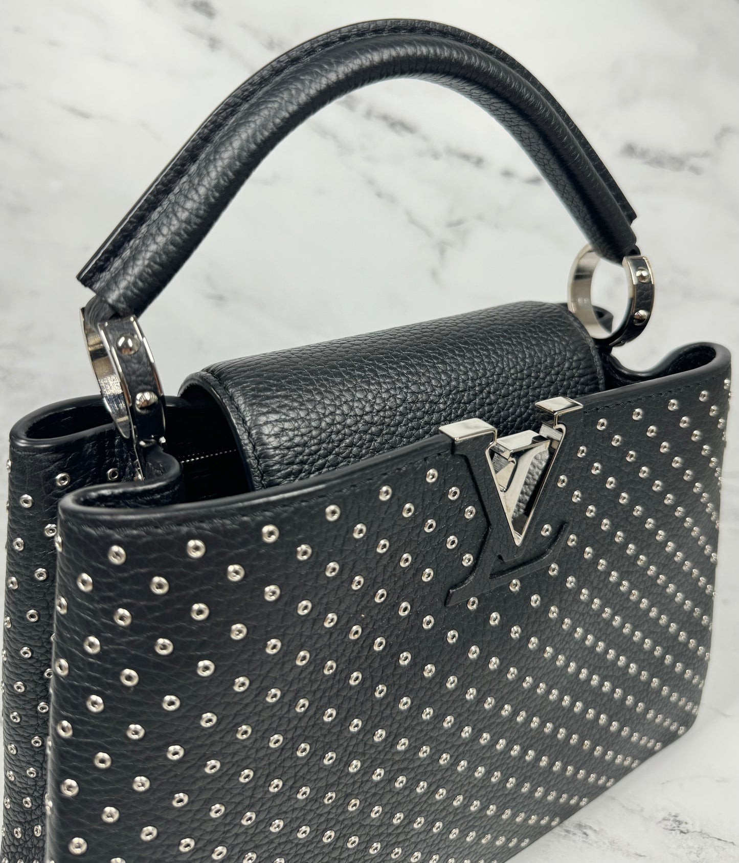 Louis Vuitton Black Taurillon Leather Silver Studded Capucines BB