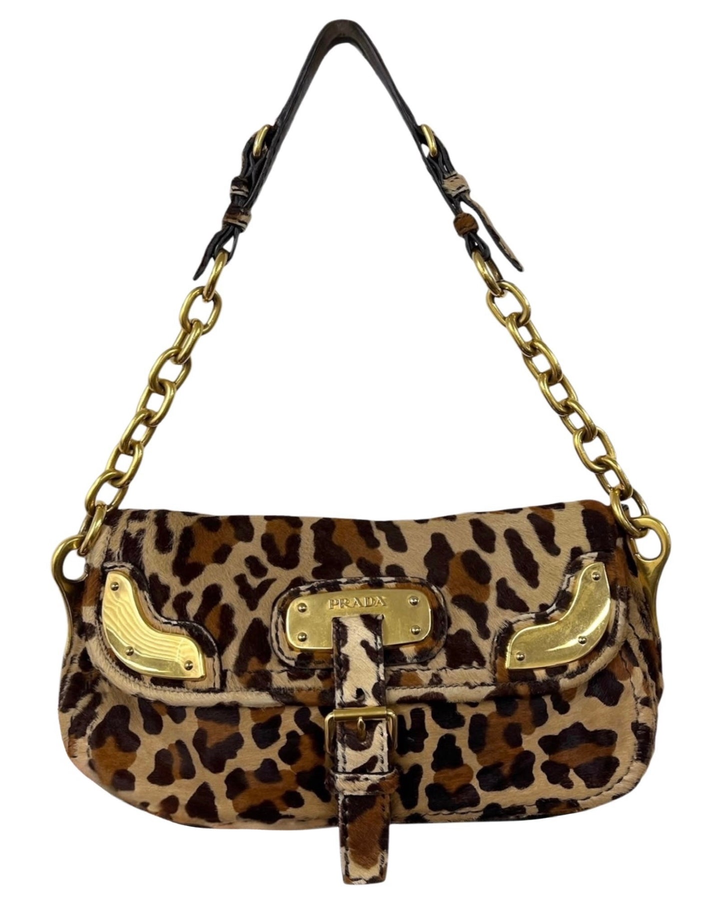 Prada Vintage Leopard Print Pony Hair Chain Link Buckle Small Shoulder Bag