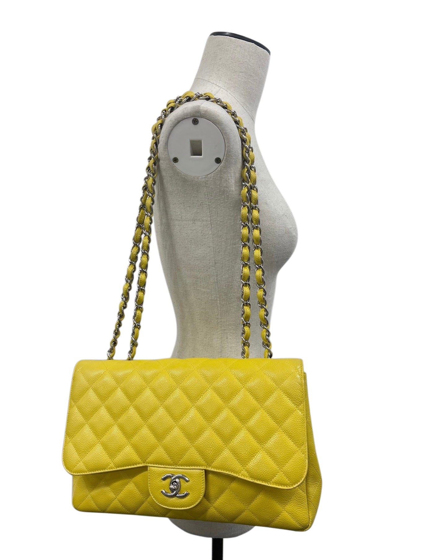 Chanel Yellow Quilted Caviar Jumbo Classic Single Flap Bag with Silver Hardware 