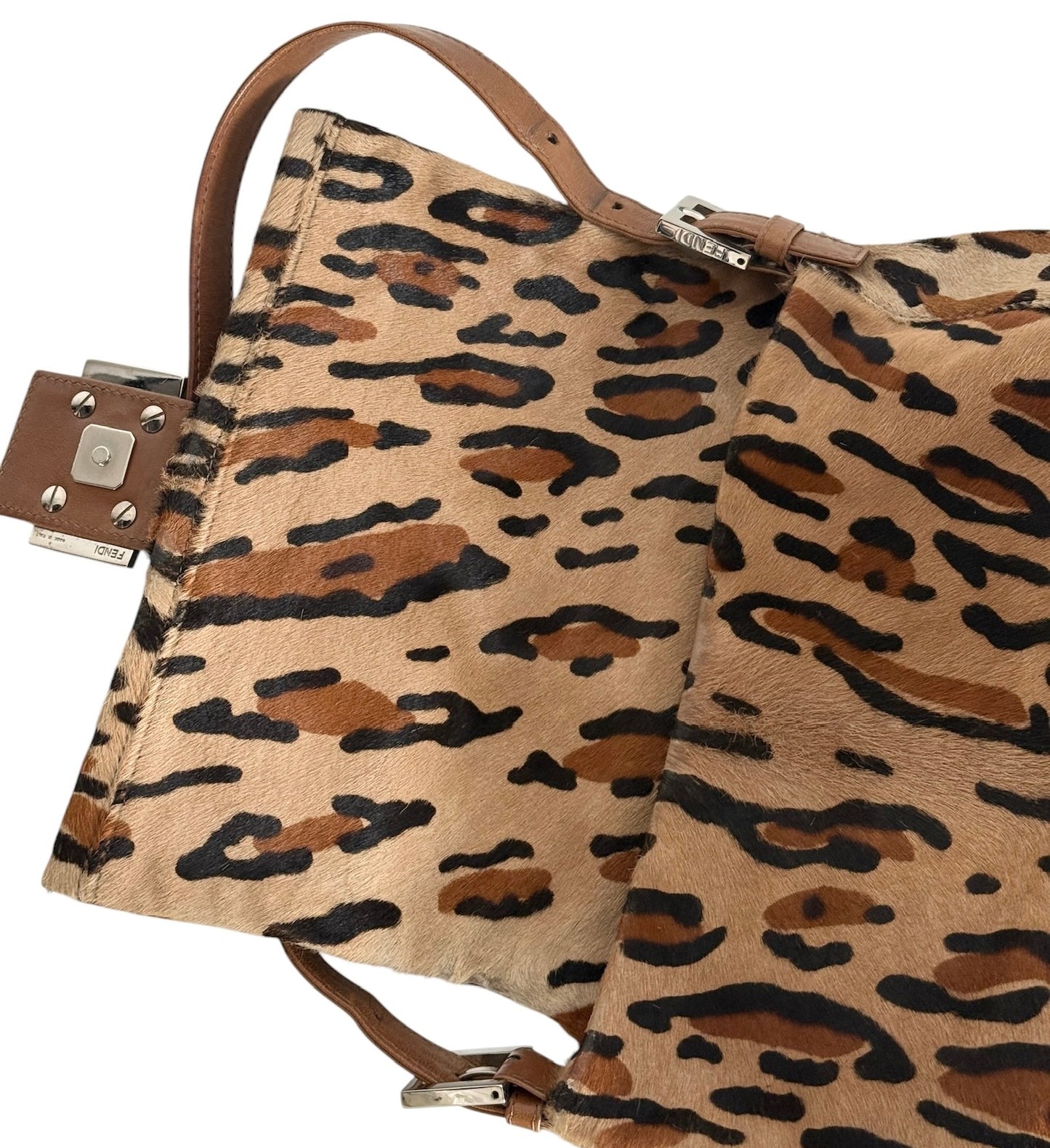 Fendi Vintage Light Brown Leopard Print Pony Hair Mamma Baguette Shoulder Bag