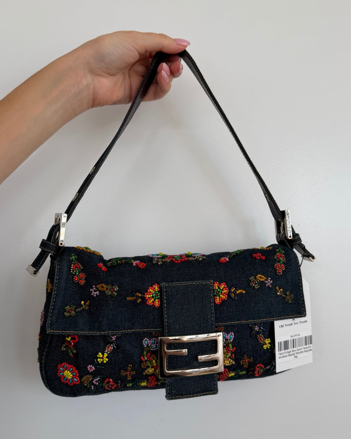 Fendi Vintage Blue Denim Floral Embroidered Beaded Shoulder Baguette Bag