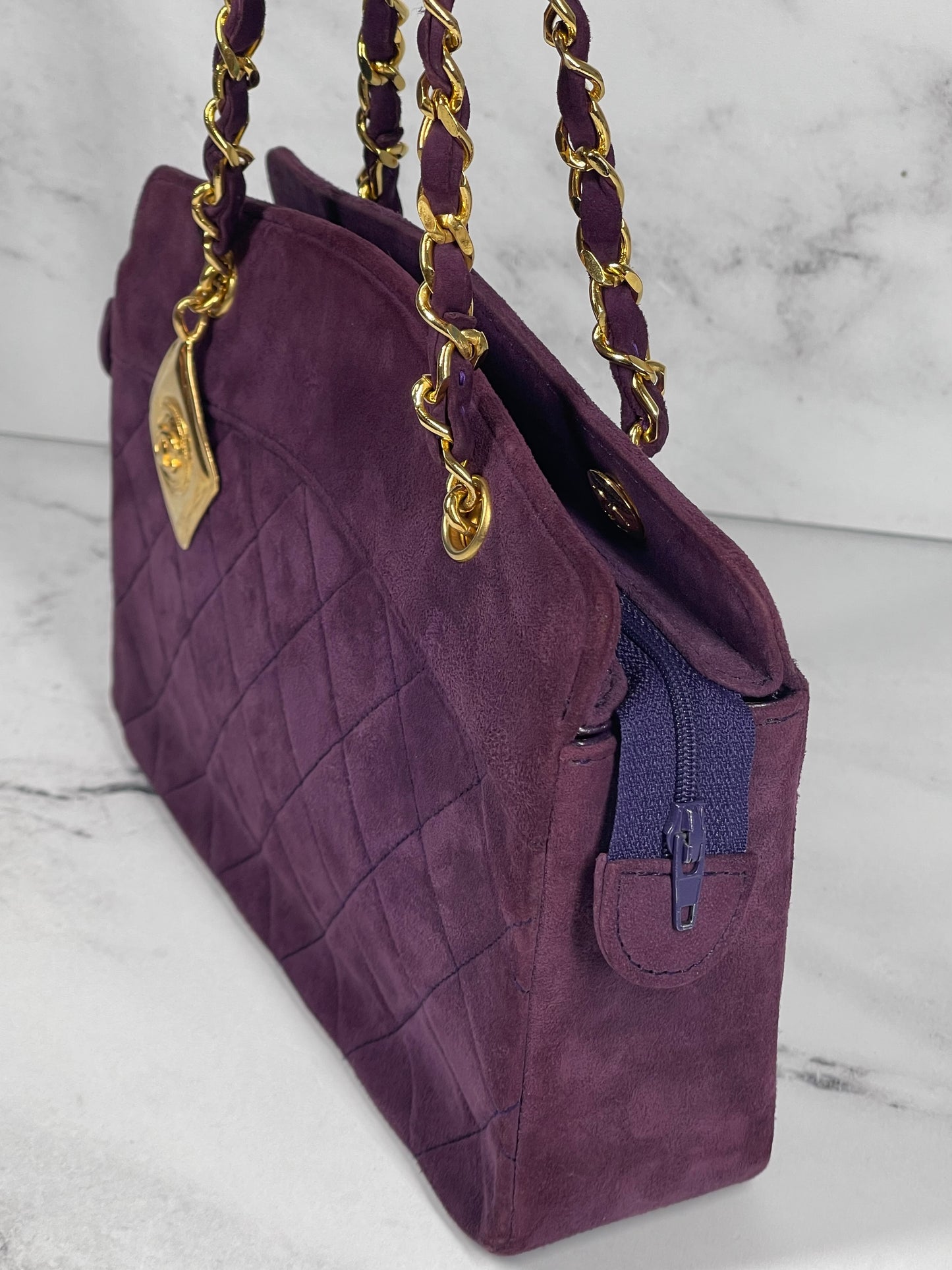 Chanel Vintage 1 Series Eggplant Purple Suede Chain Shoulder Bag w 24K GPHW