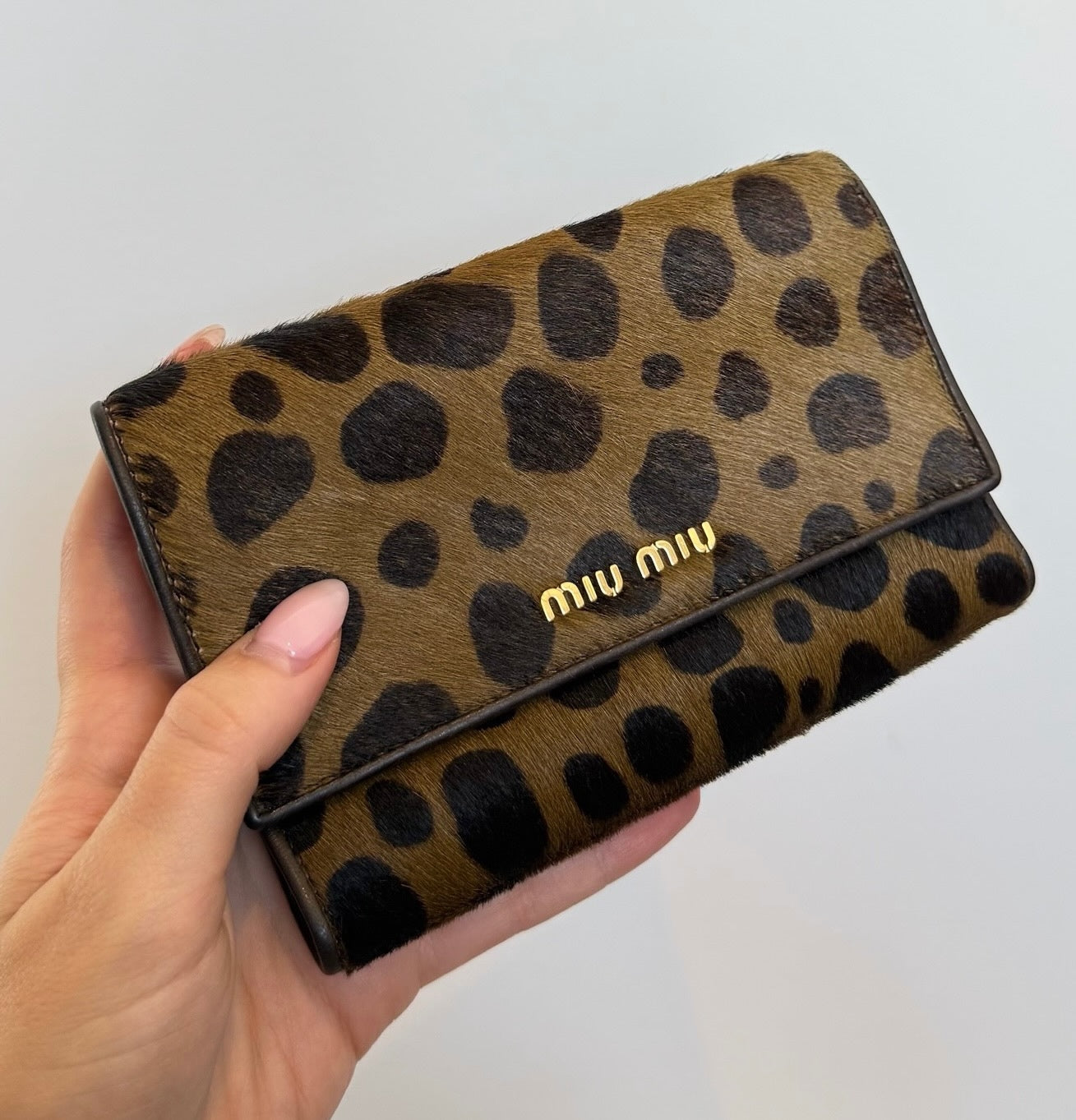 Miu Miu Vintage Brown Spotted Animal Print Pony Hair Snap Trifold Wallet