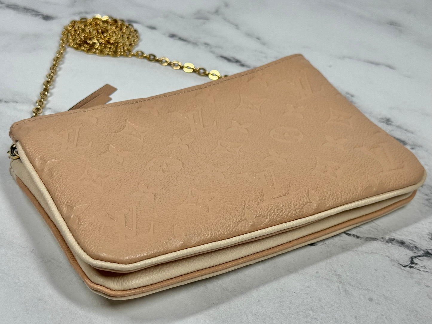 Louis Vuitton Beige & Rose Creme Monogram Empreinte Leather Double Zip Pochette Chain Bag