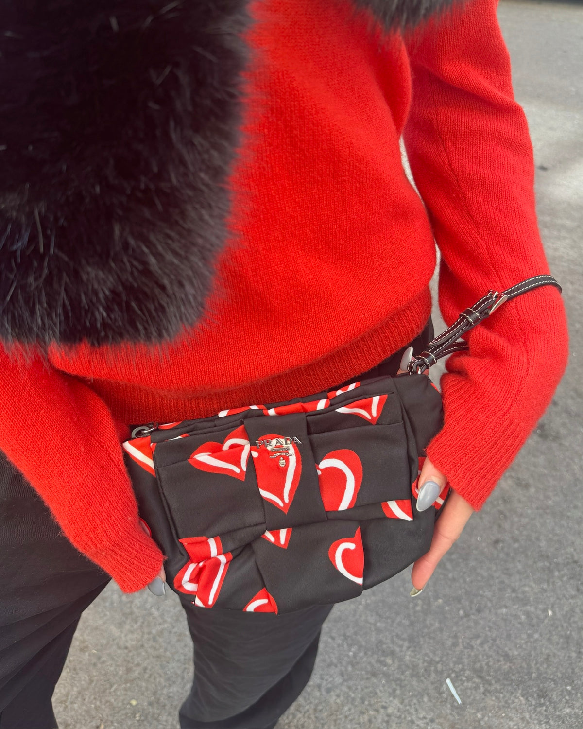 Prada Vintage Black Nylon Red Heart Logo Wristlet Clutch Bag