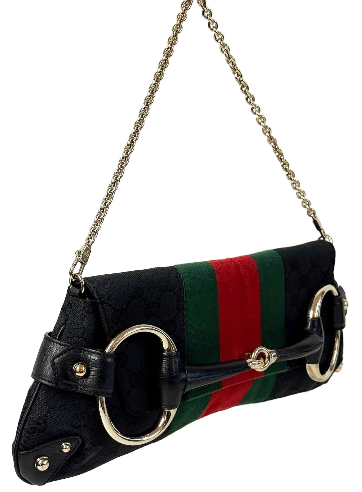 Gucci Vintage Black GG Monogram Webb Stripe Large Horsebit Chain Shoulder Clutch Bag