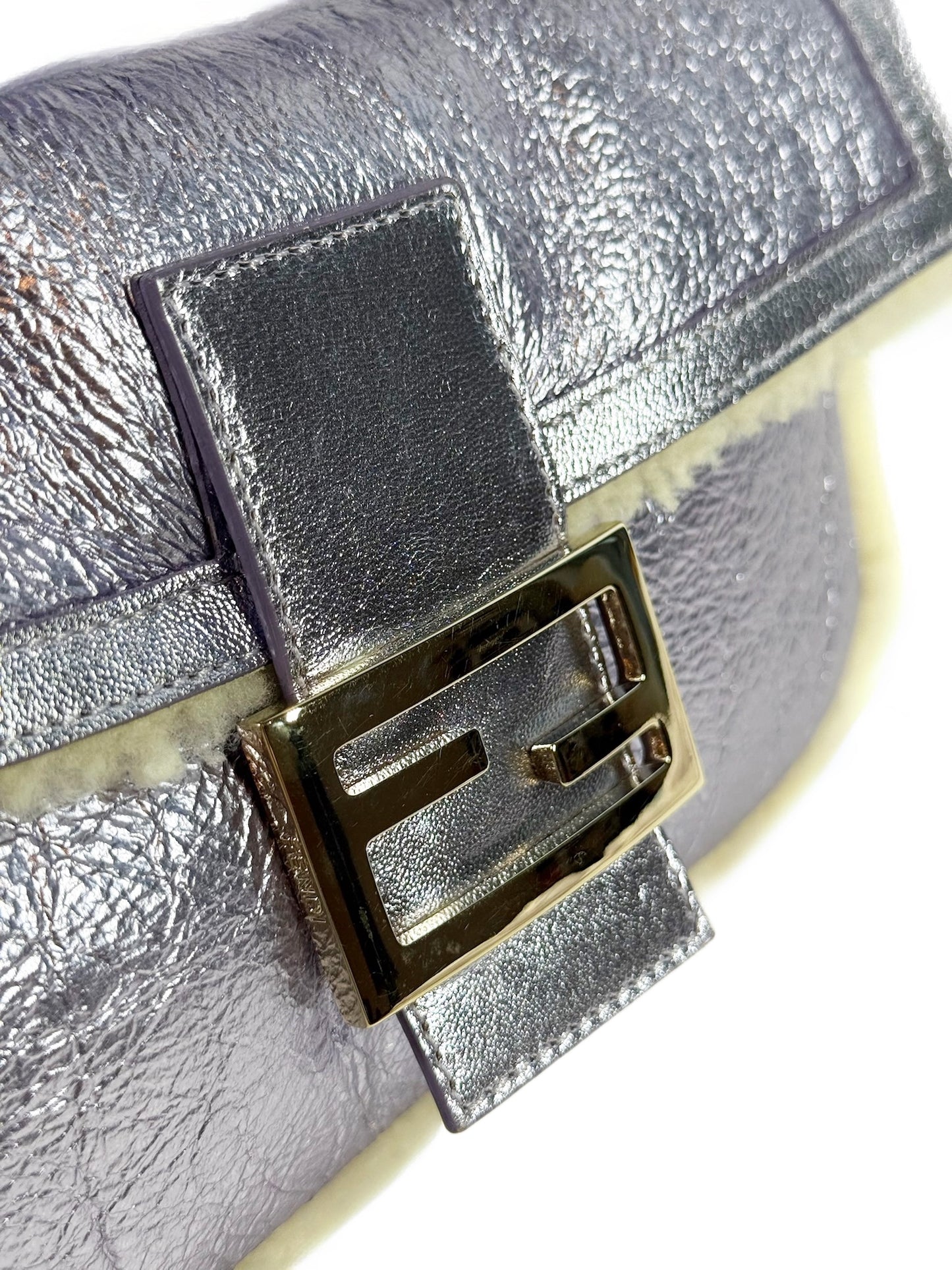 Fendi Metallic Purple Calfskin Shearling Trim Shoulder Baguette
