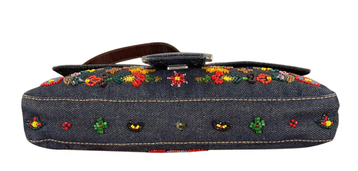 Fendi Vintage Blue Denim Floral Embroidered Beaded Shoulder Baguette Bag