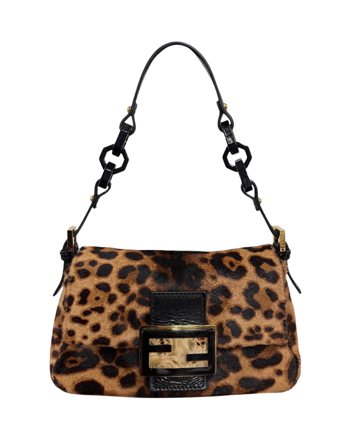 Fendi Vintage Leopard Print Pony Hair Marble Logo Mini Mamma Shoulder Baguette Bag