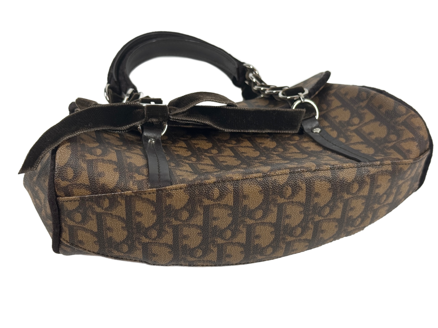 Dior Vintage 2005 Brown Diorissimo Monogram Canvas Small Romantique Velvet Bow Top Handle Bag