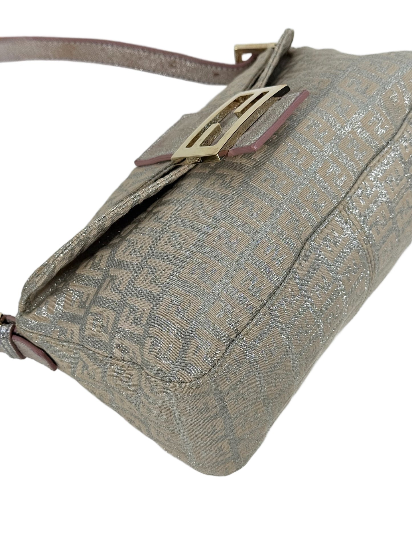 Fendi Vintage Light Pink Metallic Silver Glitter Zucca Monogram Double Flap Shoulder Baguette Bag