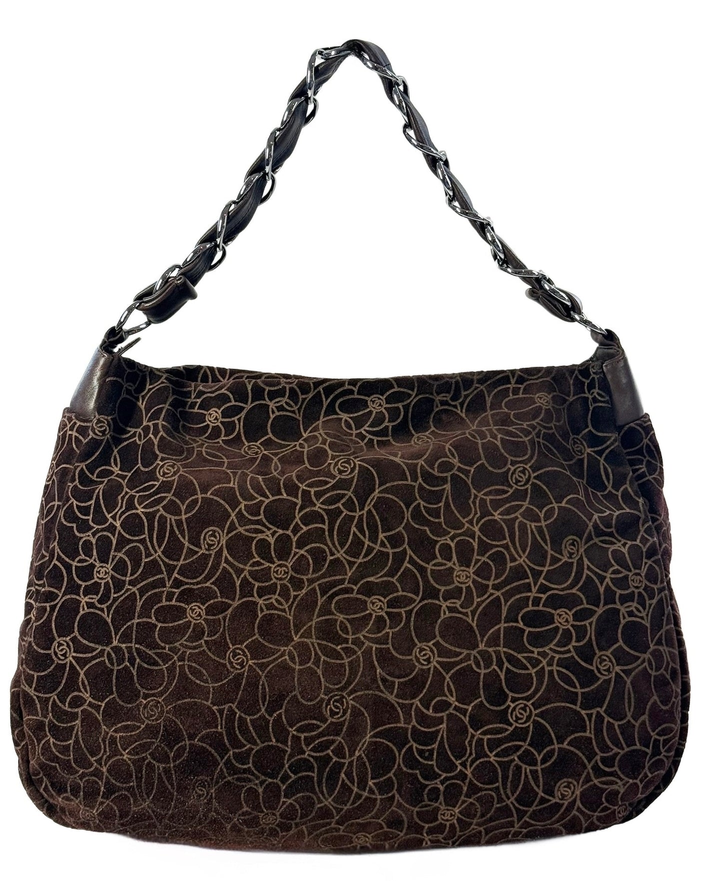 Chanel Vintage 00s Brown Suede Camellia Embossed Hobo