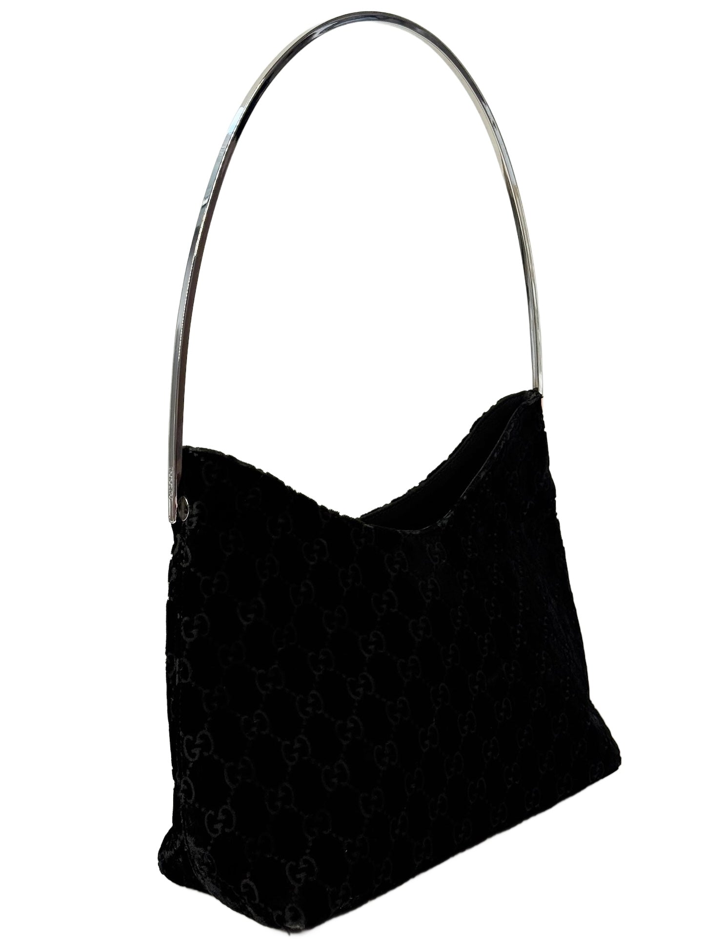 Gucci by Tom Ford Vintage Black Velour GG Monogram Metal Handle Bag