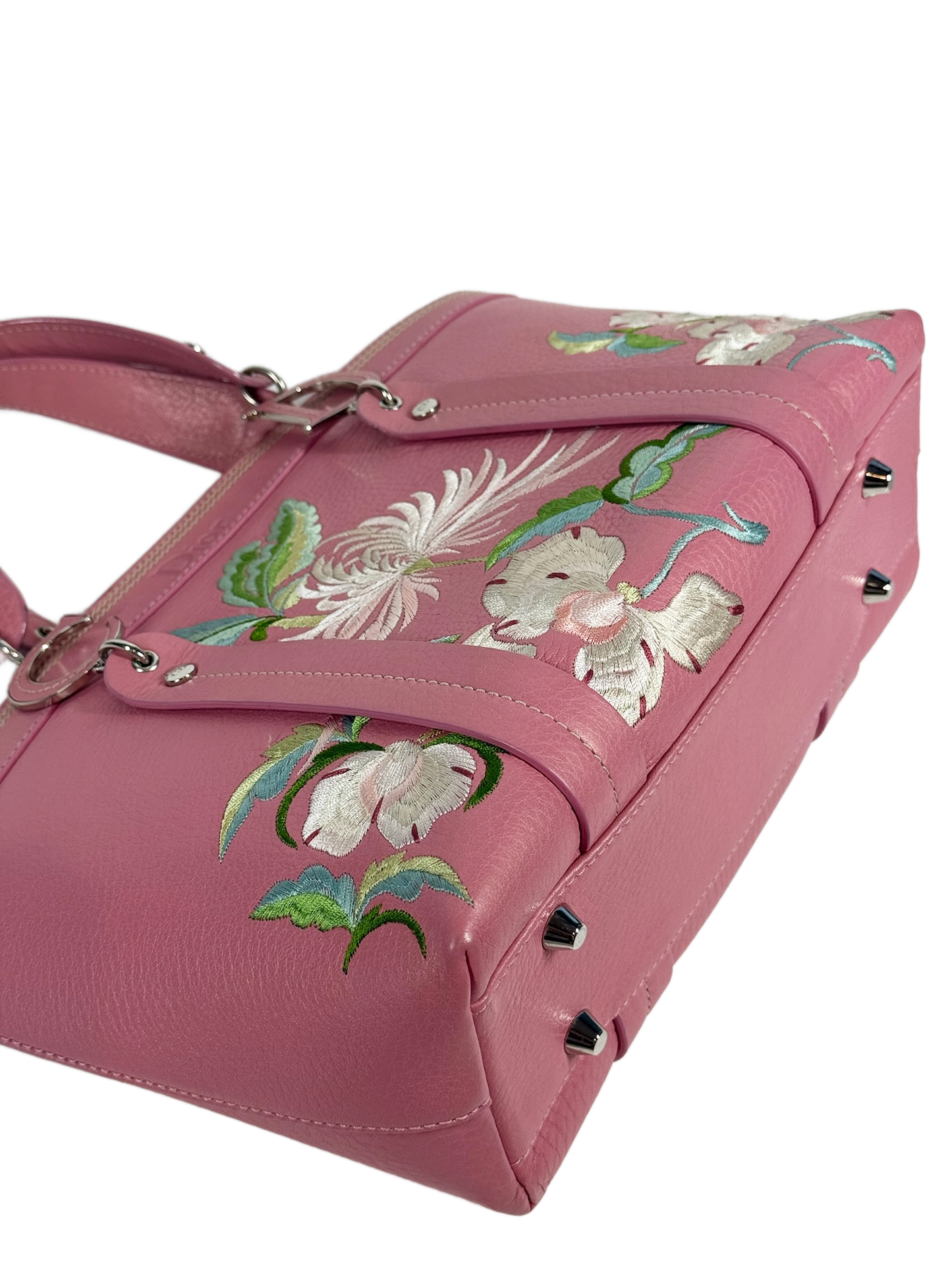 Dior Vintage 2005 Pink Embroidered Floral Leather Small Top Handle Tote Bag
