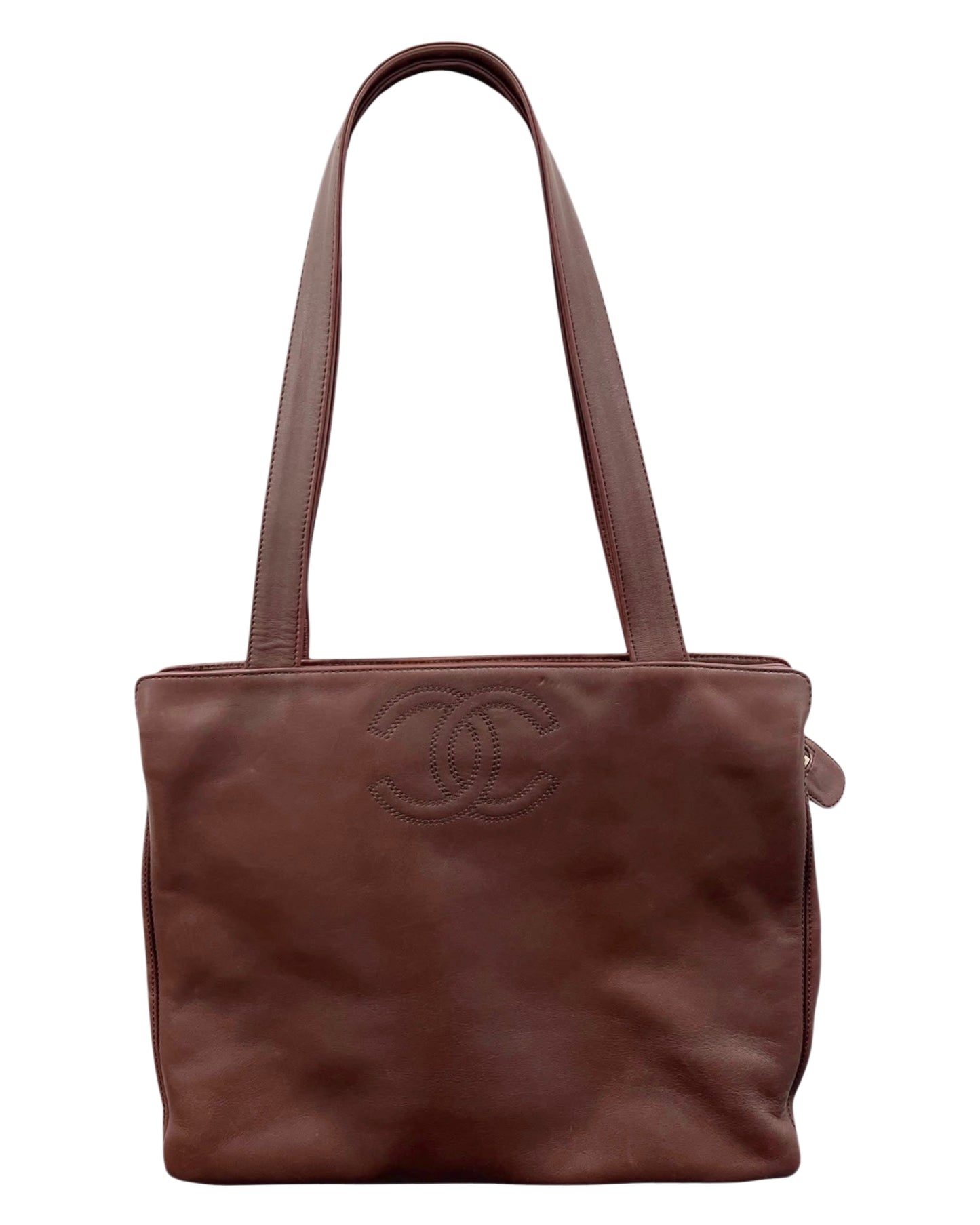 Chanel Vintage 00s Brown Lambskin CC Logo Medium Shoulder Tote Bag
