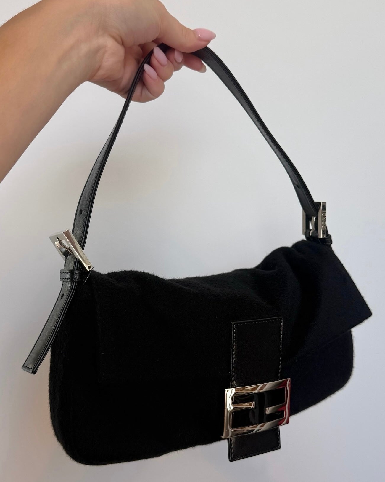 Fendi Vintage Black Felt Shoulder Baguette Bag