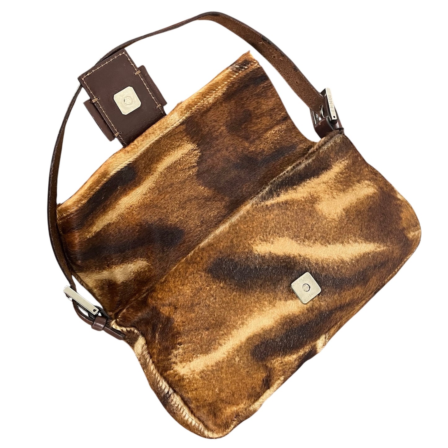 Fendi Vintage Brown Animal Print Pony Hair Shoulder Baguette Bag