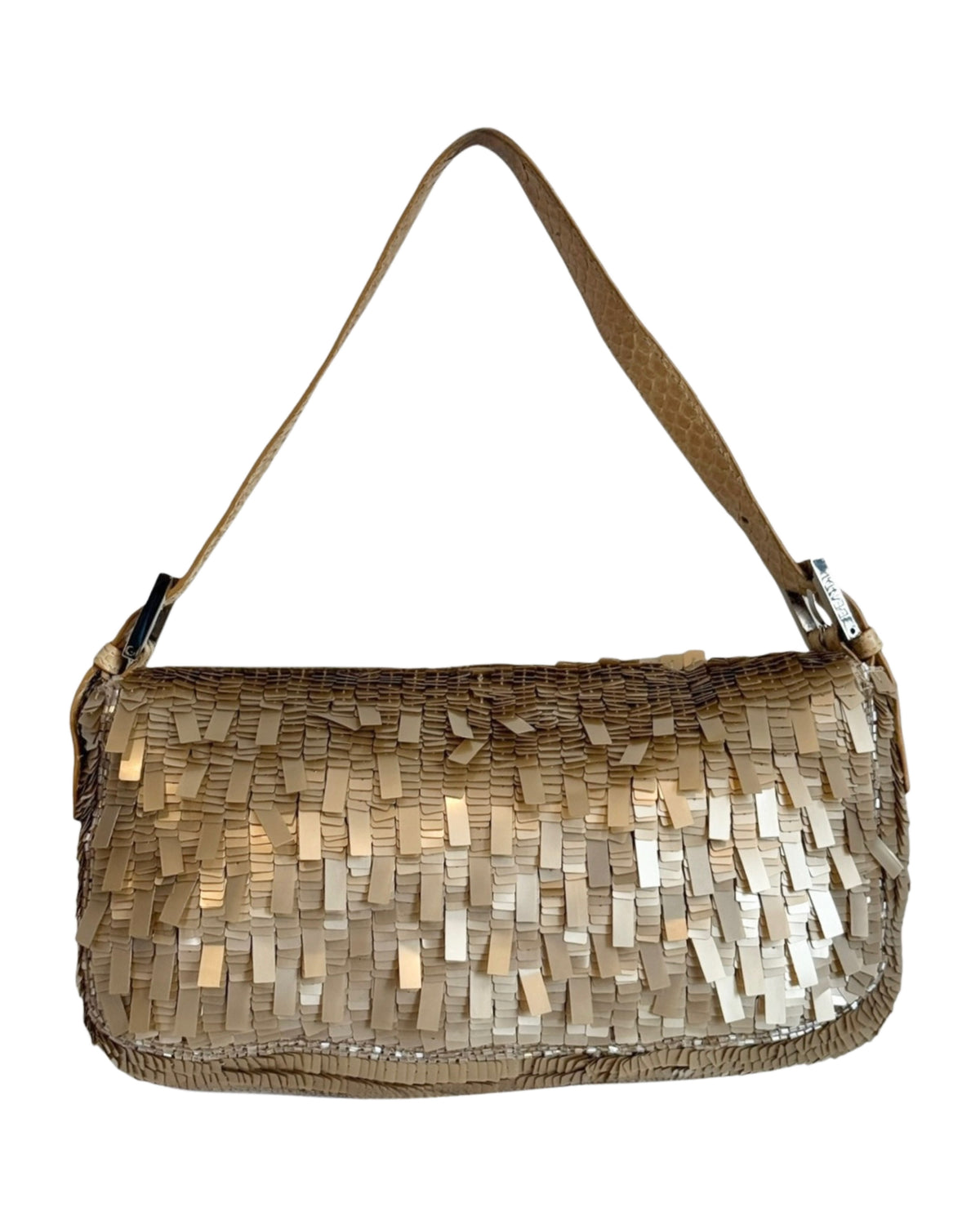 Fendi Vintage Champagne Gold Palliates Sequin Beaded Shoulder Baguette Bag with Python Trim