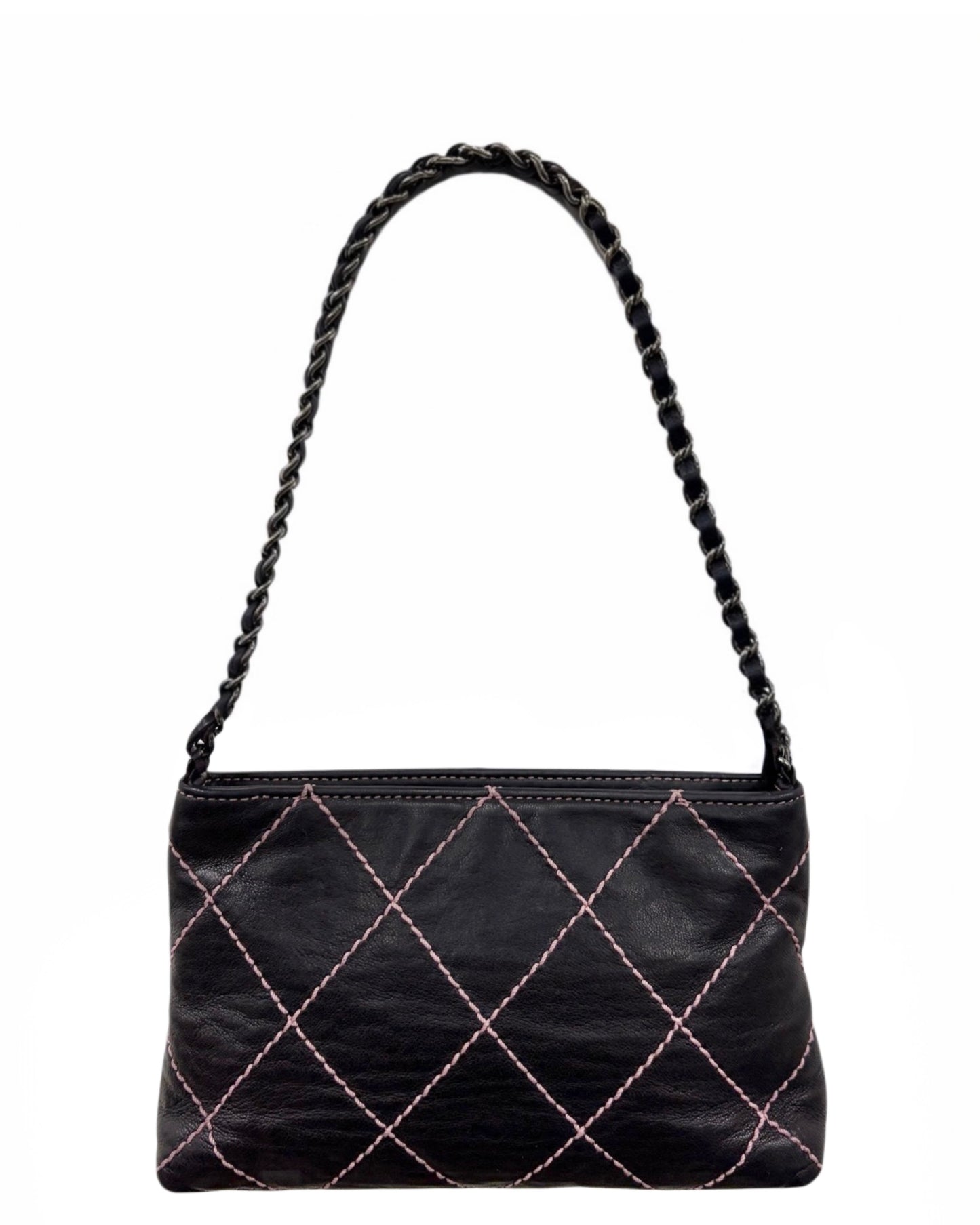 Chanel Vintage 2000s Black Quilted Lambskin Baby Pink Wild Stitch Mini CC Shoulder Pochette Bag 