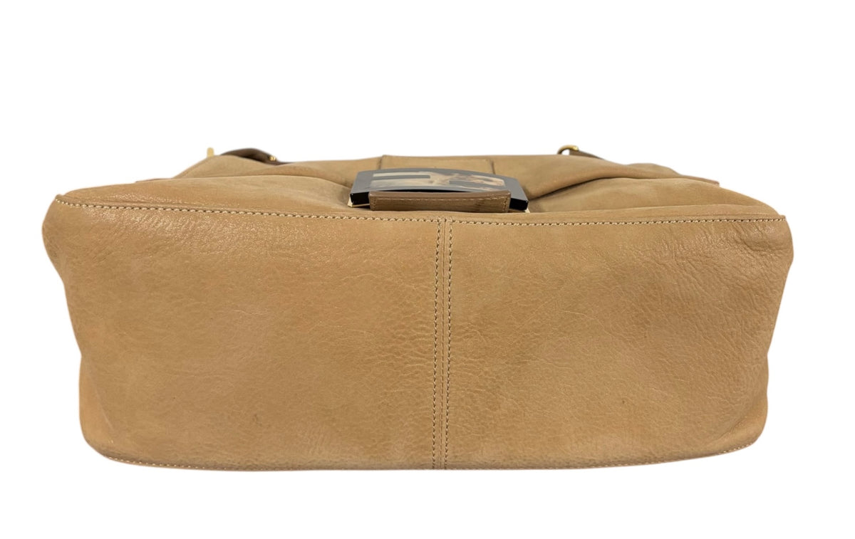 Fendi 2011 Tan Micro Suede Marble Logo XL Mamma Baguette Shoulder Bag