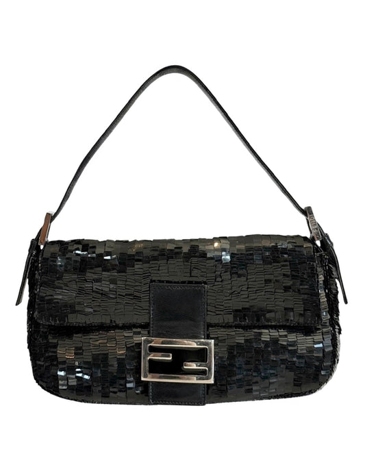 Fendi Vintage Black Paillettes Sequin Beaded Shoulder Baguette Bag