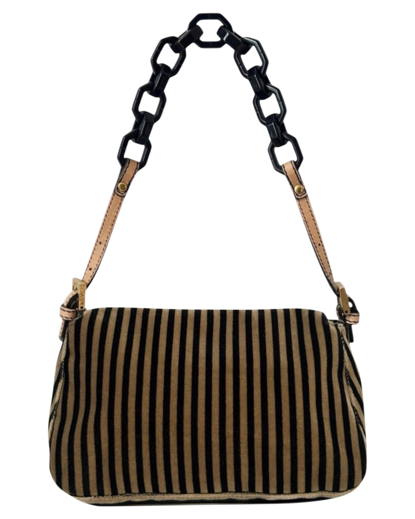 Fendi Vintage Velour Velvet Beige & Black Striped Chain Link Mini Mamma Shoulder Baguette Bag 