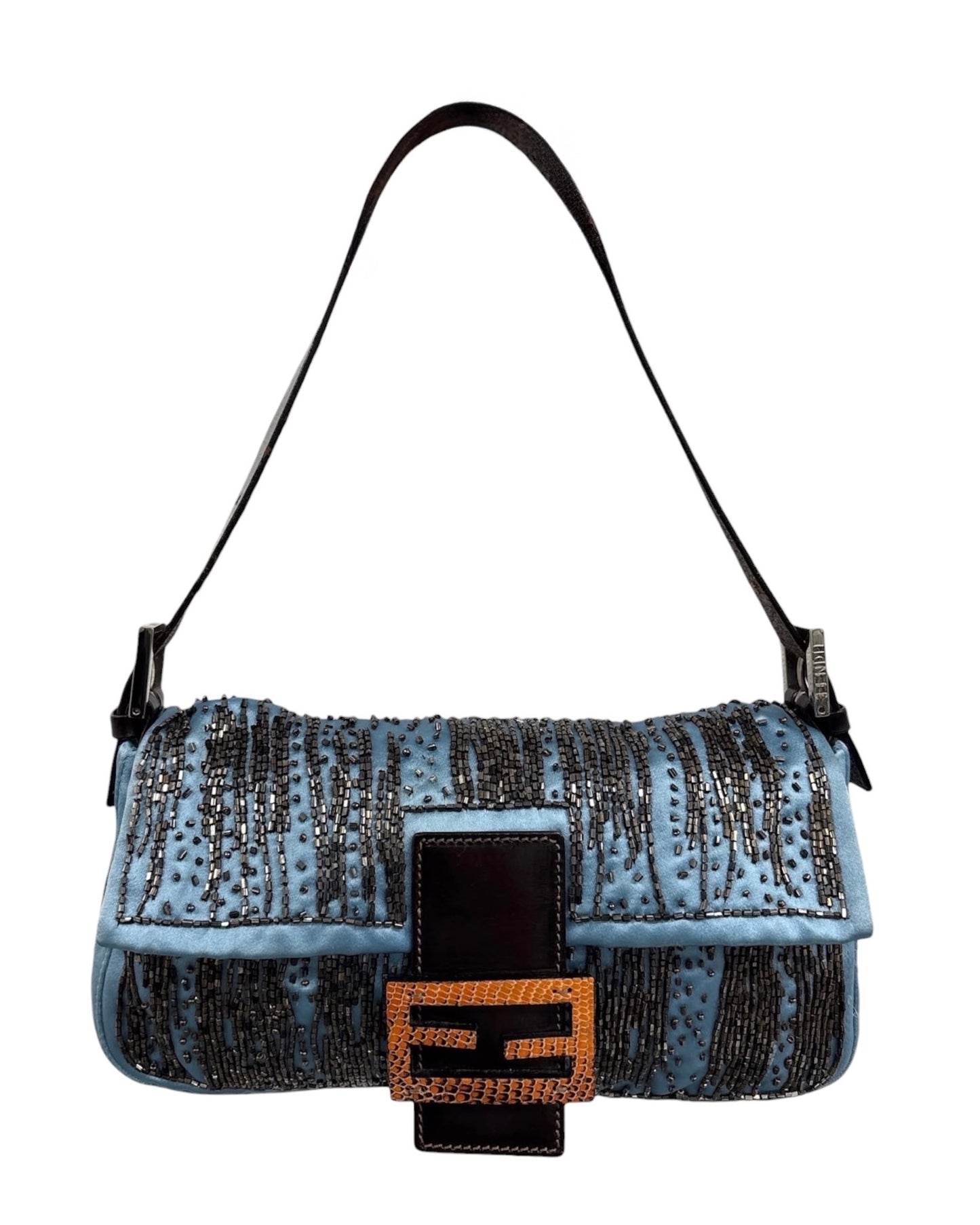 Fendi Vintage Blue Silk Beaded Orange Lizard Trim Shoulder Baguette Bag 